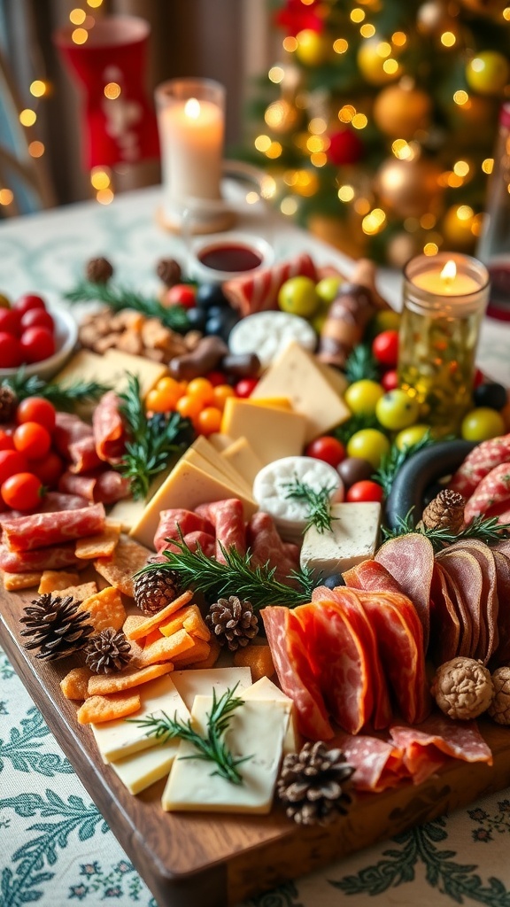 A festive charcuterie board with meats, cheeses, fruits, and holiday decorations for a Christmas party.